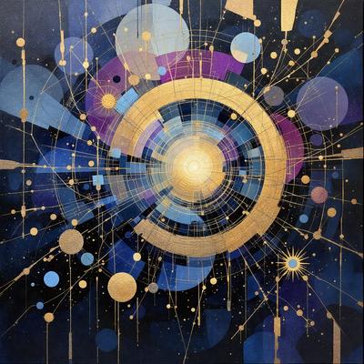 The primary subject of the image is a colorful, abstract painting featuring a gold circle in the center. The setting is a dark background, which contrasts with the vibrant colors of the painting. The visual style is a mix of digital art and illustration, creating a unique and eye-catching piece of art. The dominant colors are gold, blue, and purple, giving the painting a warm and inviting atmosphere.